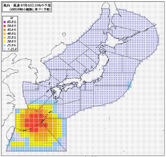 描画例(地方海上分布予報の領域（日本近海）, 風向･風速の予報例))