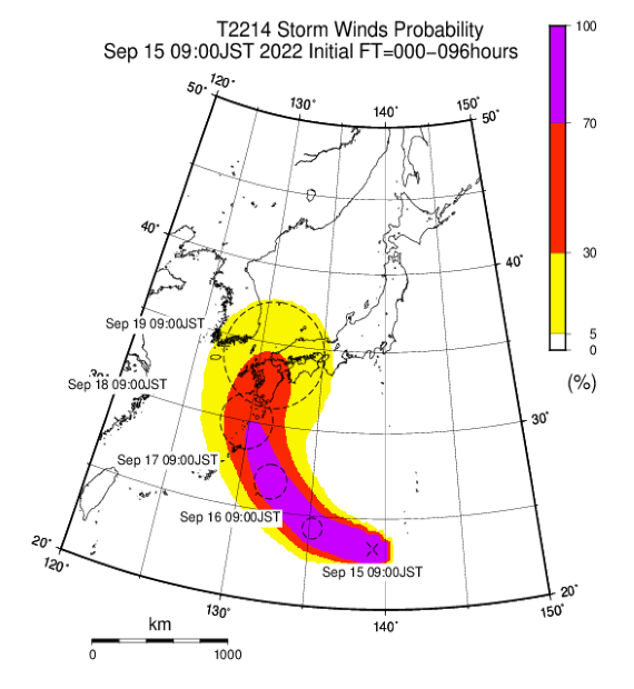 台風の暴風域に入る確率（画像）の例